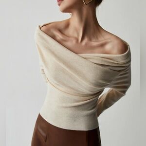 Commense Off Shoulder Wrap Long Sleeve Knit Top in Apricot